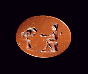 Intaglio mostrando a Ganimedes alimentando al águila, del sitio romano en Newstead, Melrose